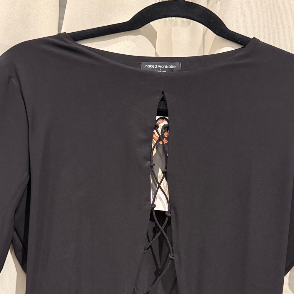 Naked Wardrobe size L Black Long Sleeve Bodysuit with Lace-Up Detail - Picture 2 of 5
